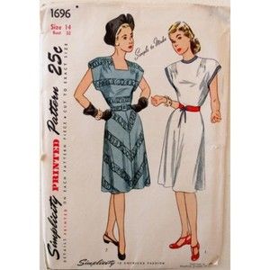 Vintage ©1940's Simplicity 1696 Sewing Pattern - Misses' One Piece Dress